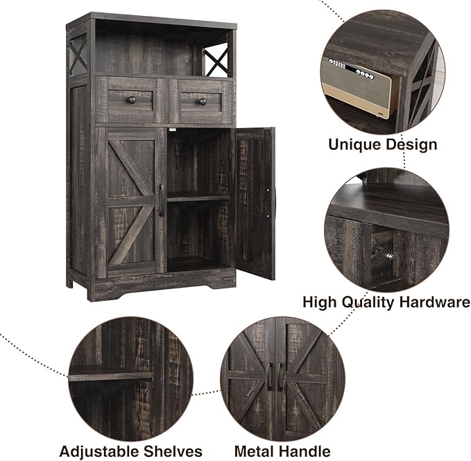 Farmhouse Storage Cabinet with Drawers and Shelf, Freestanding Kitchen Pantry Storage Cabinet, Floor Hutch Cupboard for Kitchen, Living Room, Home Office, Dark Rustic Oak