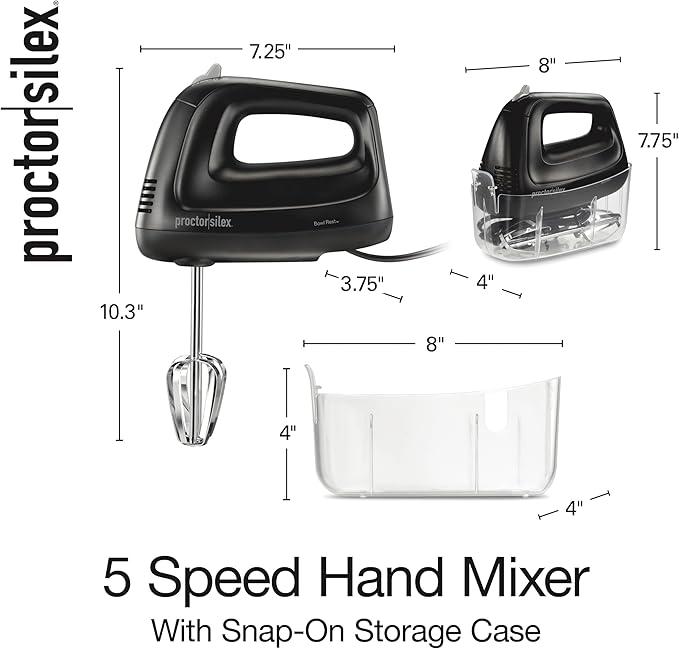 Proctor Silex Easy Mix 5-Speed Electric Hand Mixer with Bowl Rest, Compact and Lightweight, 215 Watts of Peak Power, Storage Case, Black (62512)
