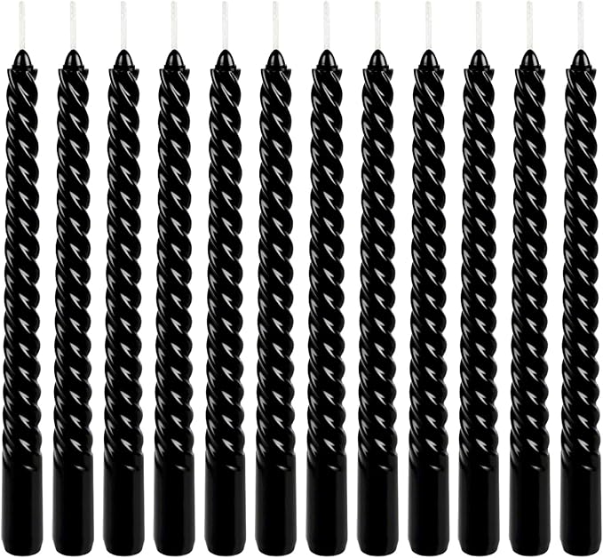 10 Inch Black Spiral Taper Candle Set, 12 Pack Unscented Dripless Candlesticks for Halloween,Dinner,Party Brithday Wedding and Home Decoration