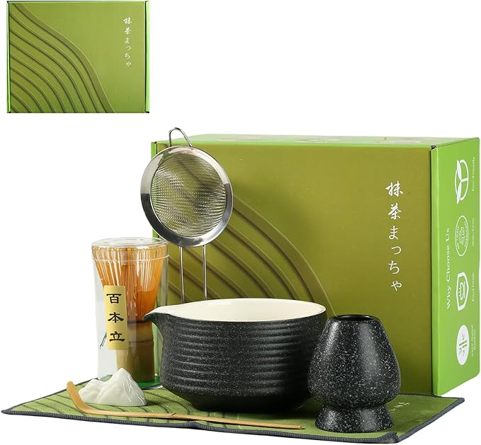 Matcha Whisk Set, Ceramic Matcha Bowl with Spout, Bamboo Whisk, Scoop, Holder, Sifter, Tea Towel, 7-Piece Matcha Kit for Making Breakfast/Latte