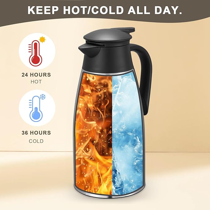 TIPTAP 70oz Thermal Coffee Carafe, Stainless Steel Insulated Vacuum Coffee Carafes For Keeping Hot and Cold, 2 Liter Beverage Dispenser