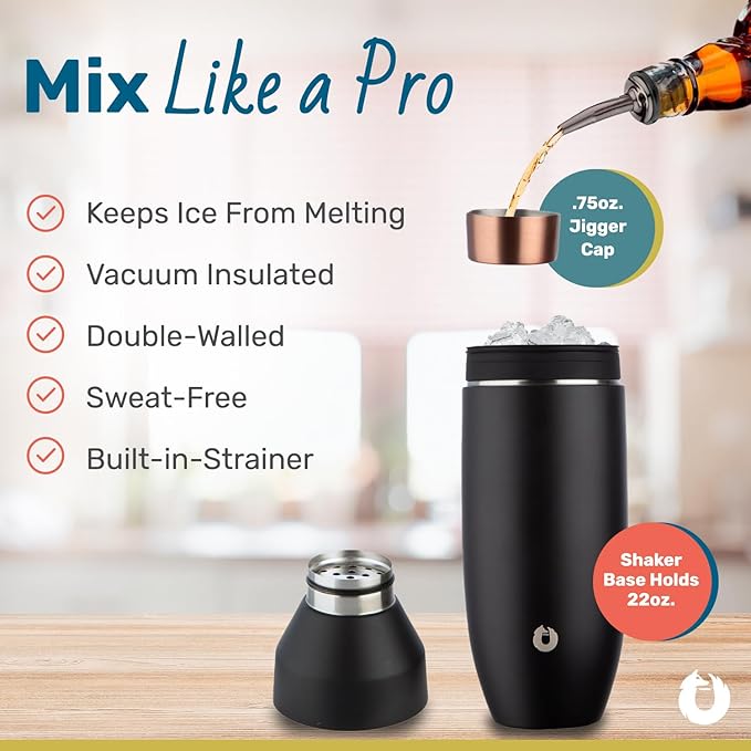 SNOWFOX Premium Vacuum Insulated Stainless Steel Cocktail Shaker, Home Bar Accessories, Elegant Drink Mixer, Leak, Proof Lid With Jigger & Built, In Strainer, Olive Grey, 22oz.
