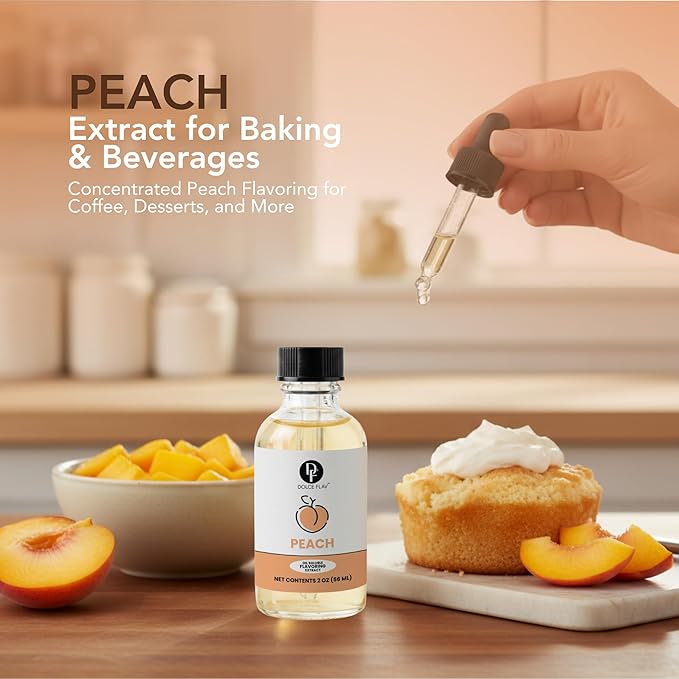 Dolce Flav Peach Extract – 2 Ounce Oil-Soluble Kosher, Sugar-Free, Concentrated Juicy Peach Flavoring for Baking, Chocolates & Desserts, Includes Measured Dropper