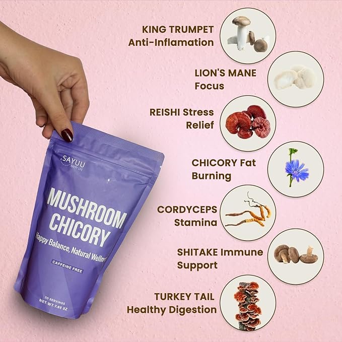 SAYUU Mushroom Chicory Blend – Caffeine-Free Coffee Alternative with Lion's Mane, Reishi, Turkey Tail – Supports Digestion, Focus & Immunity – Vegan & Eco-Friendly, 30 Servings