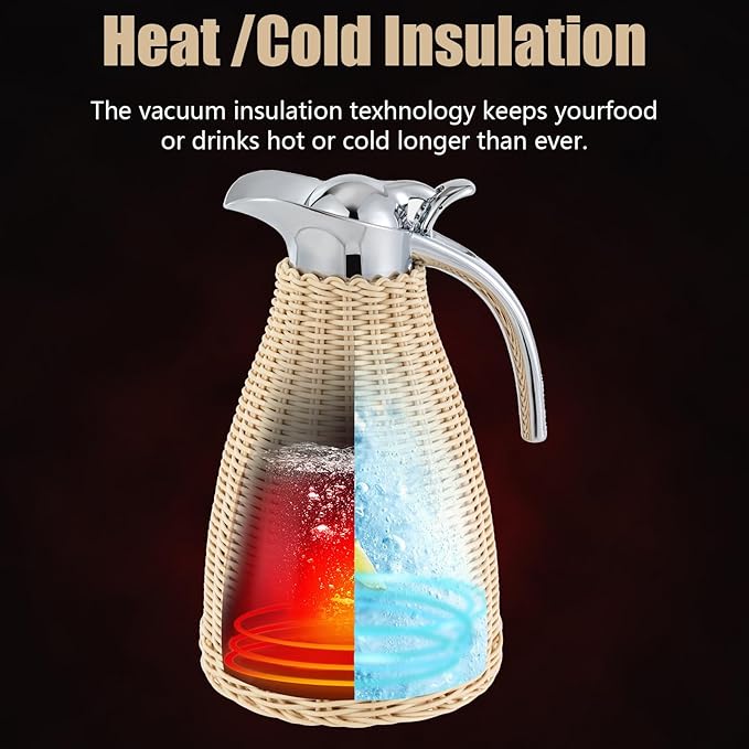 Stainless Steel Coffee Thermal Carafe, 50 Oz/1.5 L Woven Rattan Insulated Coffee Carafe Double Walled Vacuum Insualted 20 Hour Heat Cold Retention (White)