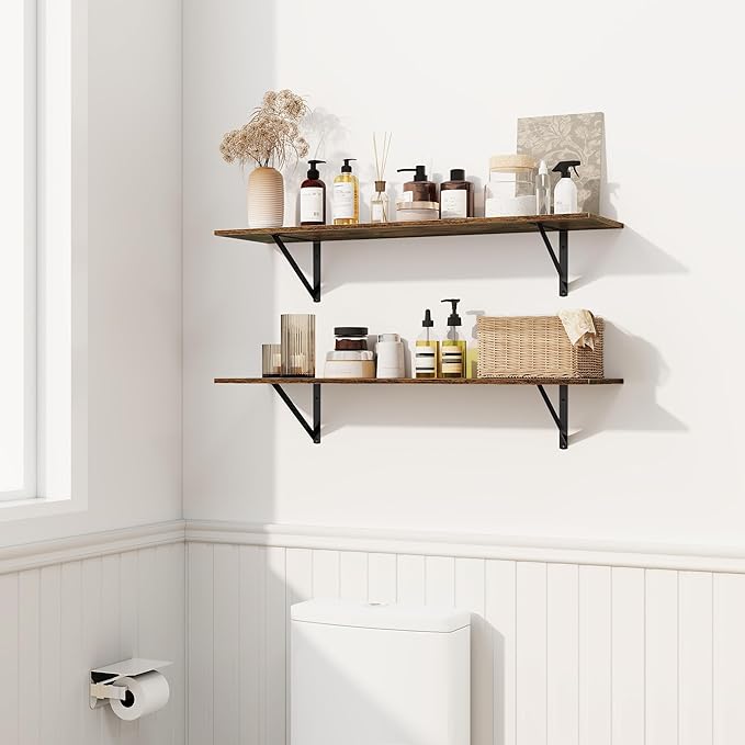 Fun Memories Deep Floating Shelves for Wall, 36W x 8D Wall Mounted Shelves Set of 2, Wide Display Ledge Shelf with Sturdy Metal Brackets for Living Room, Bathroom, Bedroom and Kitchen, Rustic Brown