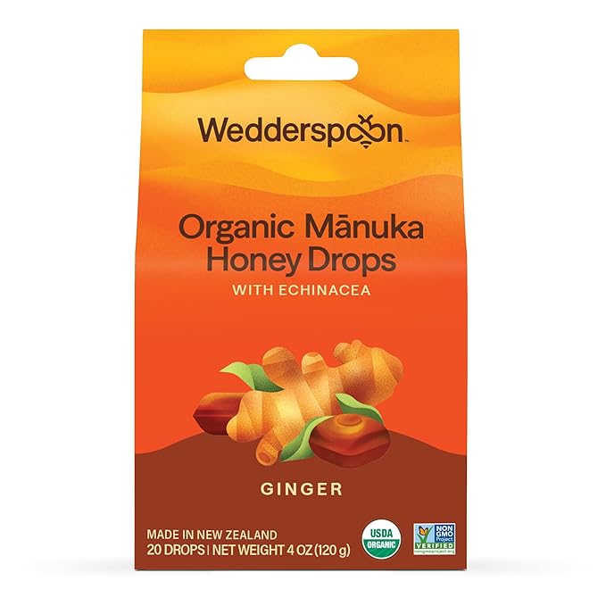 Wedderspoon Organic Manuka Honey Drops, Ginger & Echinacea, 20 Count (Pack of 1) | Genuine New Zealand Honey | Perfect Remedy For Dry Throats