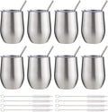 12 oz Insulated Wine Tumbler with Lid and Straw,Stainless Steel Stemless Wine Tumbler Glasses Double Wall Vacuum Wine Cups Tumbler Bulk for Coffee,Champaign,Office(Silver,8)