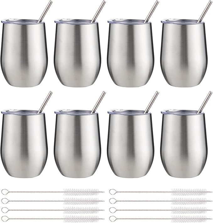 12 oz Insulated Wine Tumbler with Lid and Straw,Stainless Steel Stemless Wine Tumbler Glasses Double Wall Vacuum Wine Cups Tumbler Bulk for Coffee,Champaign,Office(Silver,8)