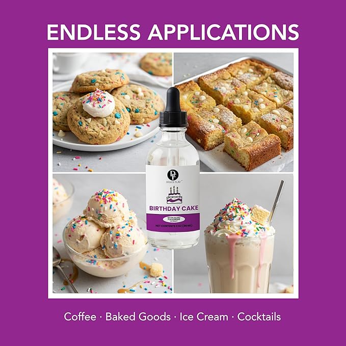 Dolce Flav Birthday Cake Extract – 2 Ounce Water-Soluble Kosher, Sugar-Free, Concentrated Festive Cake Flavoring for Frostings, Cupcakes & Desserts, Includes Measured Dropper