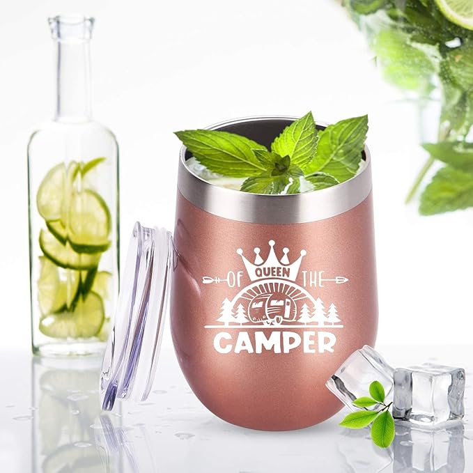 Queen Of The Camper Wine Tumbler, Happy Camper Gifts 12oz Cup, Gifts For Camping lover Outdoors, RV Hiking Camping Coffee Mugs, Camper Lover Couples Glass for Women