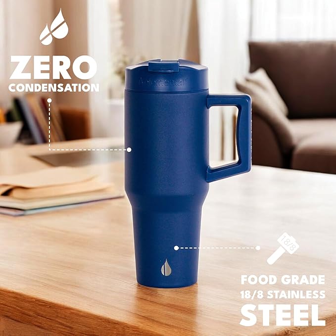 Elemental 32 oz 100% Leak Proof Tumbler with Handle & Straw - Stainless Steel Double Wall Insulated Tumbler for Hot and Cold Beverages - Travel Coffee Mug with Sip & Straw Lid - Navy