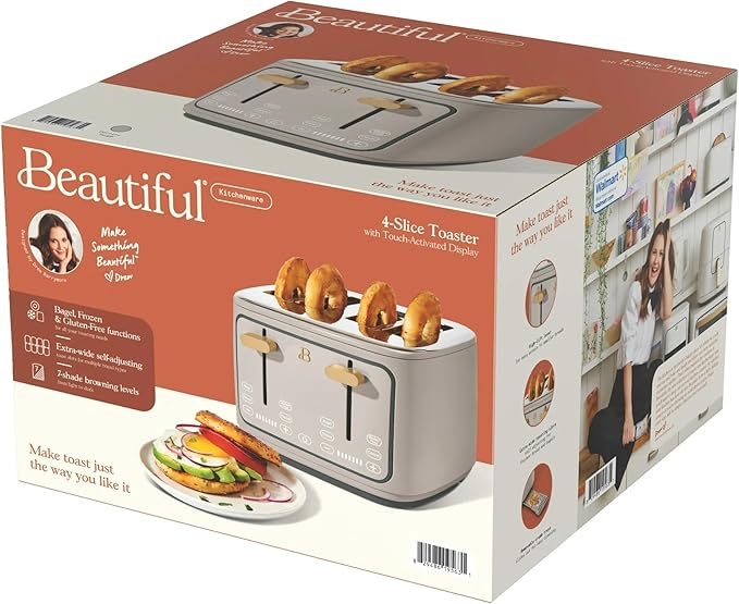 Beautiful 4 Slices Toaster with Touch-Activated Digital Display, Extra Wide Self-Adjusting Slots, Adjustable Shade Control, by Drew Barrymore (Porcini)