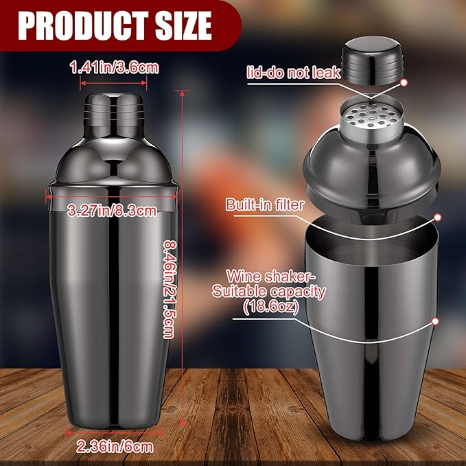 Nitial 9 Pcs Bar Cocktail Shaker Professional Stainless Steel Martini Drink Mixer Built-in Strainer for Bartending No Leaks Boston Shaker for Bar Party Drink Tool (Black,18.6 oz)