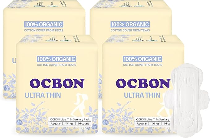 Unscented Ultra Thin Sanitary Pads (64 Count, Regular) – Organic Cotton Feminine Pads with Wings for Women, Super Absorbent & Soft, Period Protection, Hypoallergenic