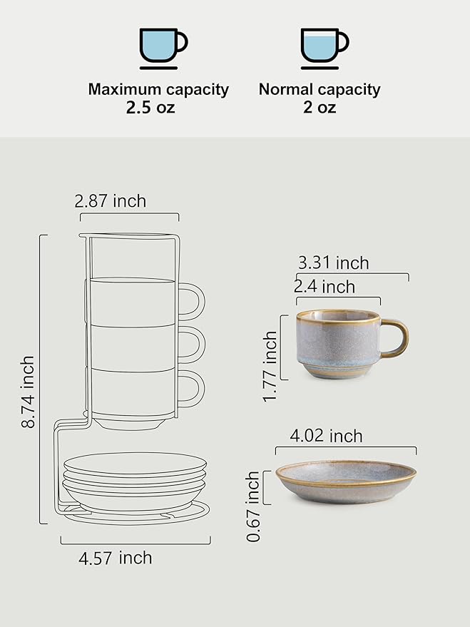 Gomakren 2.5 Ounce Espresso Cups Set of 4, Small Stackable Coffee Cups with Saucers and Metal Stand, Christmas Porcelain Demitasse Cups for Specialty Coffee Drinks, Espresso, Cappuccino, Latte, Gray