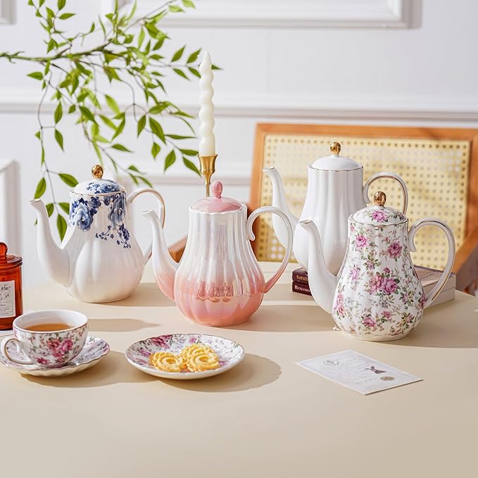 Tea Pot, Porcelain Teapot 37oz,tea pots for tea party,Tea Sets(Gradient pink)