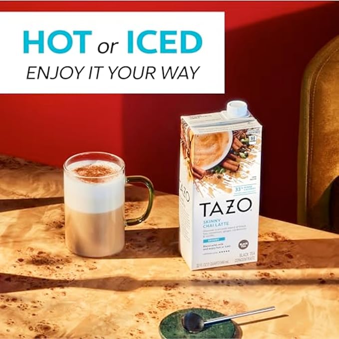 TAZO Skinny Chai Latte Concentrate, Hot or Iced Black Tea, Easy-to-Serve, Everyday Low Calorie Lattes and Mocktails, 32 oz Carton (Pack of 2)