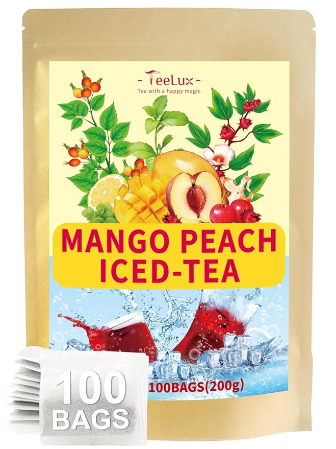 TeeLux Mango Peach Iced Tea, Rosehips Tea with Hibiscus & Chamomile & Lemon Balm, Refreshing Tart & Sweet Taste, Caffeine Free, 100 Count