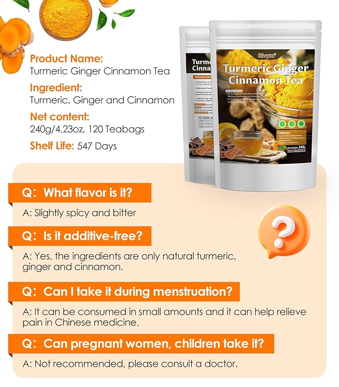 120 Bags Turmeric Ginger Cinnamon Tea, Natural Turmeric Herbal Tea, Improve Digestion, Support Skin, Sleep, Eco-Conscious Teabags, No Sugar, No Caffeine, No Gluten(120pcs, 240g)