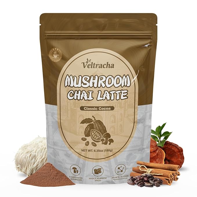Veltracha Mushroom Chai Tea, Instant Decaf Chai Tea Powder with 6 Adaptogenic Mushrooms, Spiced Chai Latte for Energy & Focus Support, 6.35 oz 20 Servings (Classic Cocoa)