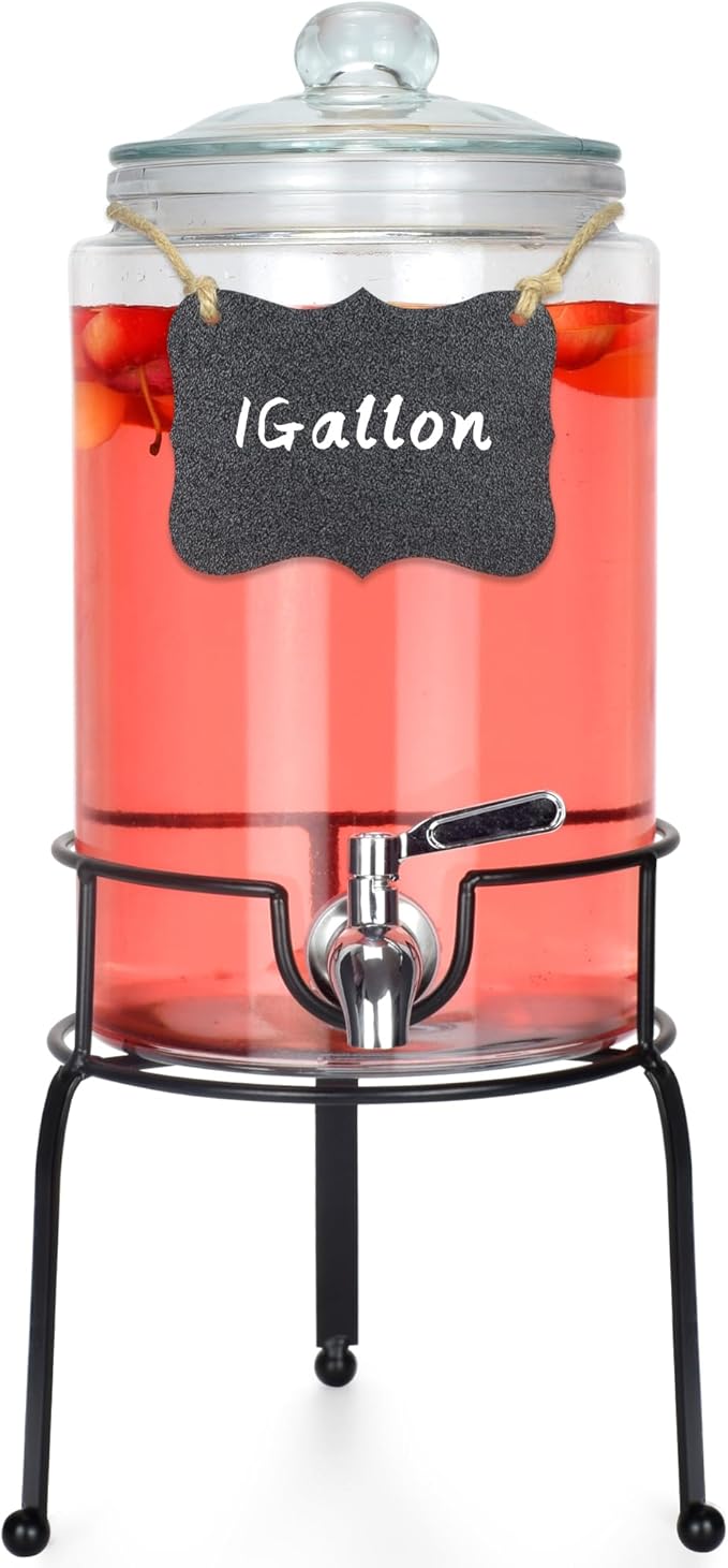 1 Gallon Beverage Dispenser 1 Pack, Stainless Steel Spigot Drink Dispenser for Parties with Stand, Clear Glass Drink Container Easy to Refill and Clean