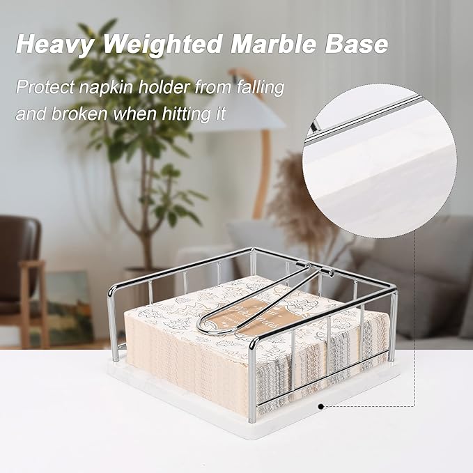 Livabber Flat Napkin Holder, Metal Kitchen Napkin Storage with Weighted Tension Arm Rustic Tissue Paper Dispenser for Countertop, Table Kitchen, Dining Room (With Marble Base, Chrome)