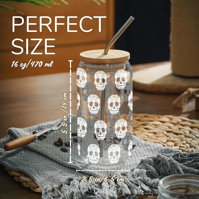 Onebttl Sugar Skull Gifts, Day of the Dead Gifts, Iced Color Changing 16oz Soda Can Glass with Bamboo Lid and Glass Straw, 16oz Skull Printed Beer Can Glasses