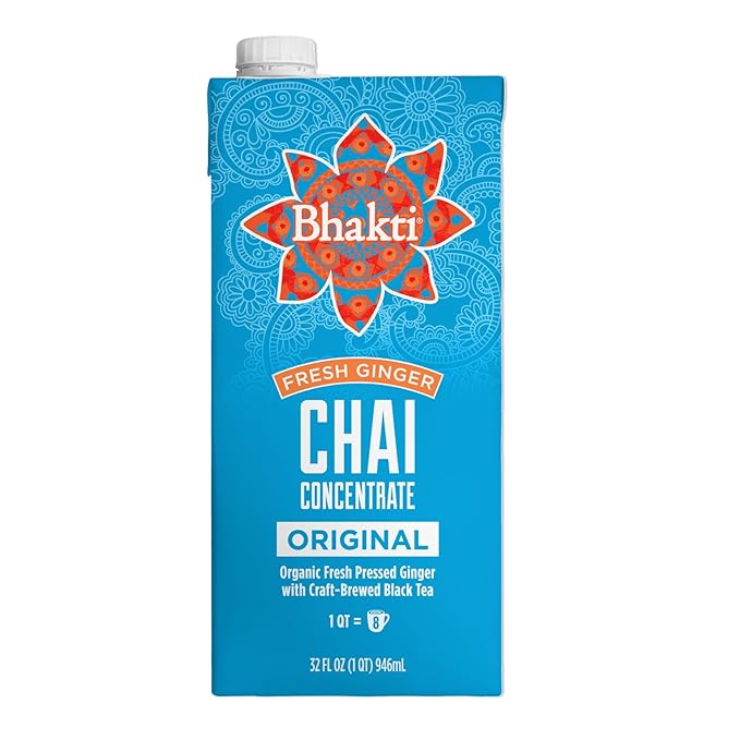 Bhakti Chai Tea Concentrate | Original, Organic Fresh Ginger, Black Tea, Sweetened, Spiced, Dairy-Free, Vegan, 32oz