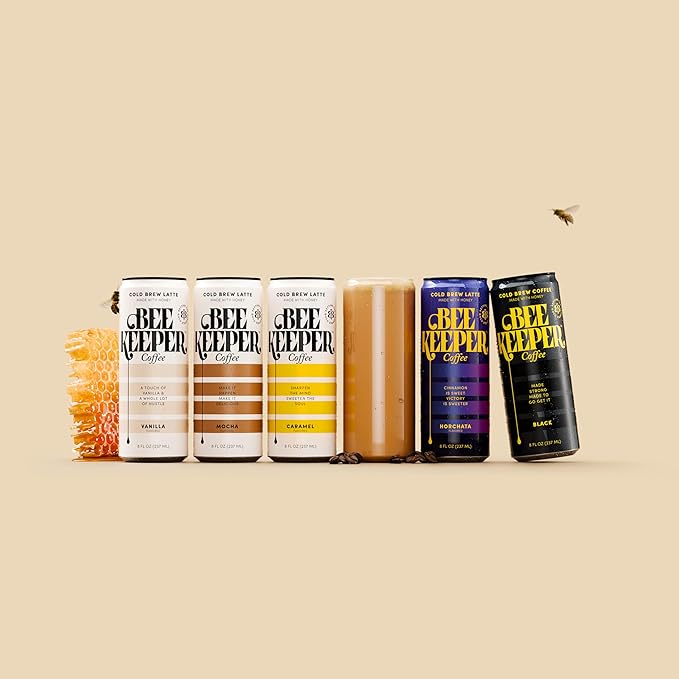 Beekeeper Caramel Cold Brew Coffee Drinks with Oregon Honey | 12 Pack Refreshing Iced Coffee - Unsweetened & Strong Arabica Brew, 8 fl oz Ready-to-Drink Can - 180mg Natural Caffeine