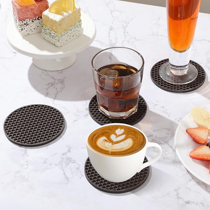 Silicone Coasters Set of 16 with Holder, Drinks Coasters, Coffee, Anti-Slip, Non-Stick, Anti-Overflow Tabletop Protection and Decor (Coffee, 16 Pcs)