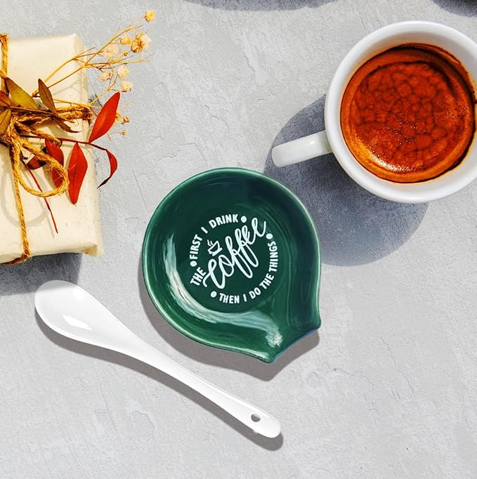 Funny Coffee Quote First I Drink The Coffee Then I Do The Things Ceramic Spoon Holder-Blackish Green Coffee Spoon Rest -Cafe Station Bar Accessories