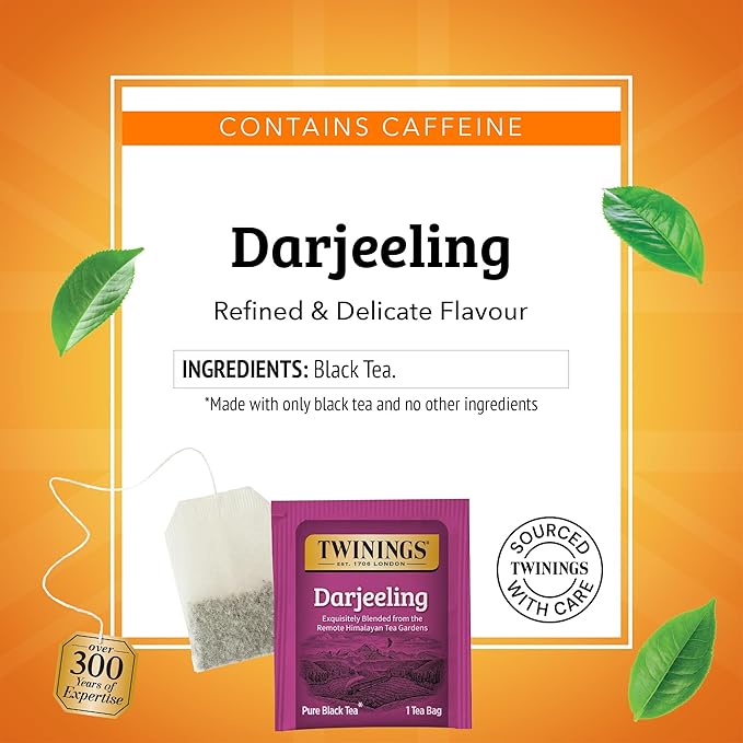 Twinings Darjeeling Black Tea Individually Wrapped Bags, 50 Count (Pack of 6), Delicate Light Taste, Caffeinated, Enjoy Hot or Iced, 300 Teabags