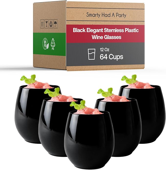 Smarty Had A Party 64 Black Disposable Stemless Wine Glasses 12 oz – Stemless Wine Glass Plastic and Cocktail Glasses Disposable Classy, Plastic Punch Cups for Parties, Weddings and Events