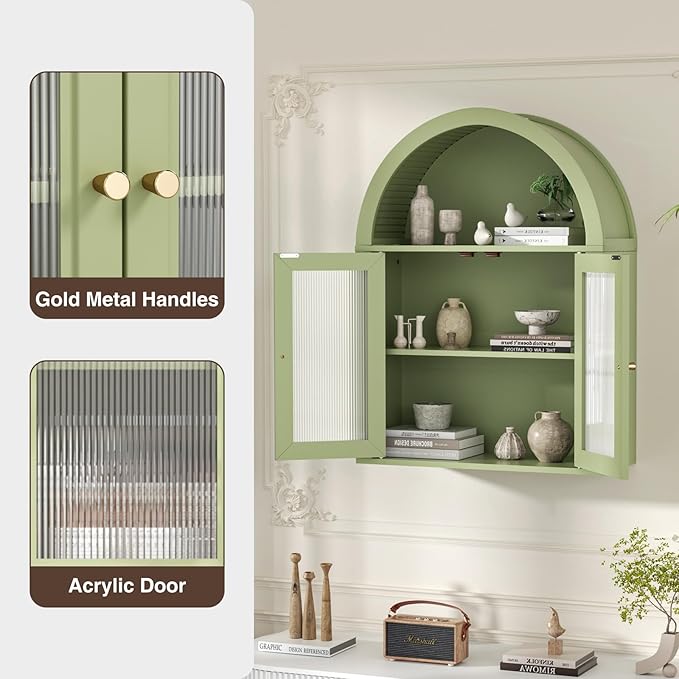 Bathroom Wall Cabinet, Arched Cabinet Wall Mount, 2 Acrylic Doors, 1 Adjustable and Removable Shelf, for Laundry Room, Living Room, Restroom, Kitchen, Green