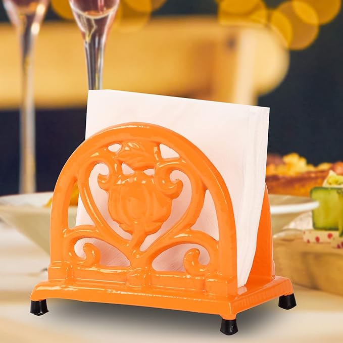 Napkin Holder for Table - Vintage Farmhouse Kitchen Restaurant Cast Iron Napkin Holder for Dinner Cocktail Paper Napkins, Orange