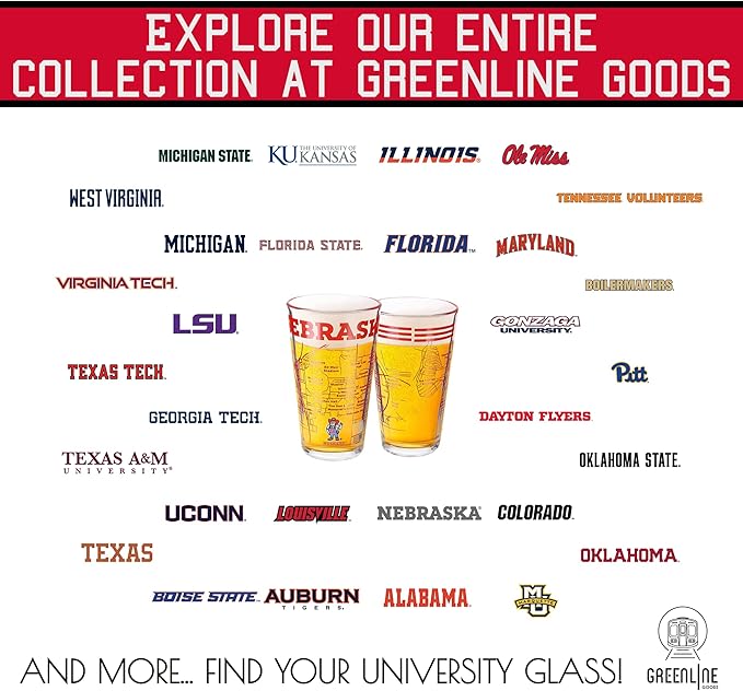 Greenline Goods – University of Nebraska Cornhuskers College Pint Beer Glasses (Set of 2), 16 oz – Full-Color Logo + Campus Map