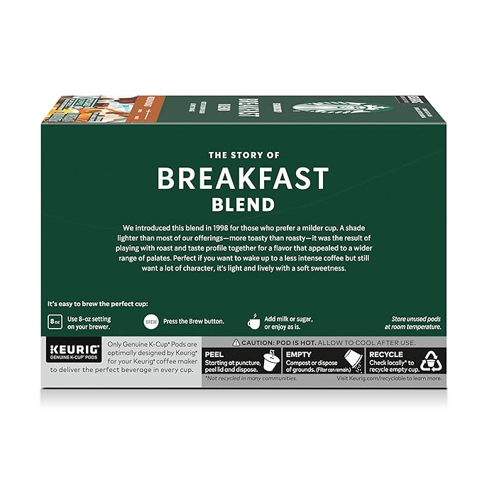Starbucks K-Cup Coffee Pods, Medium Roast Hot or Iced Coffee, Breakfast Blend, 40 Keurig Pods