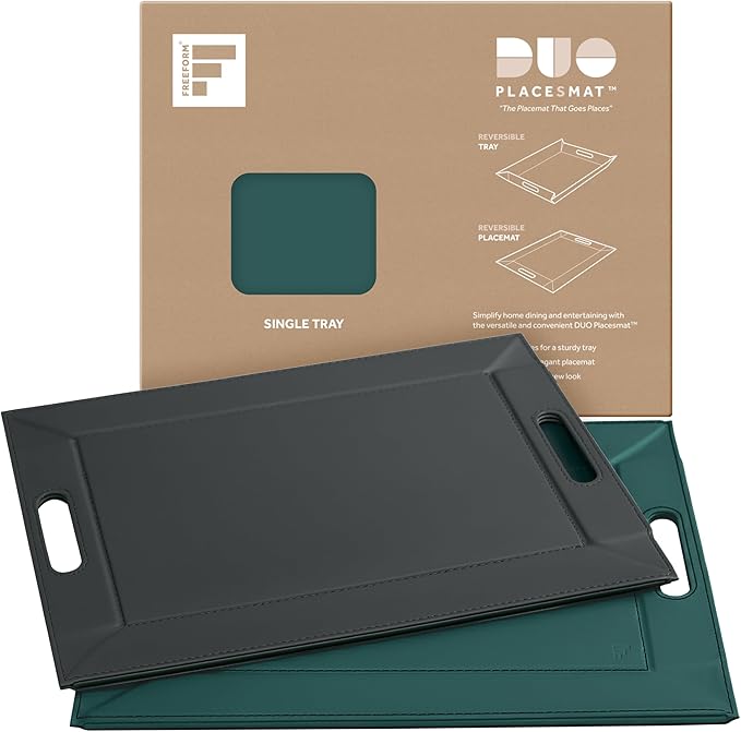 PLACEsMAT 2-in-1 Faux Leather Placemat & Serving Tray | Reversible Design, Lays Flat & Easy to Clean | Ottoman Food Tray, Housewarming Gift, 18” x 14” (Teal & Anthracite Grey, Single)