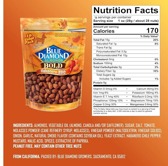Blue Diamond Almonds, Bold Habanero BBQ, 16 Ounce (Pack of 2)
