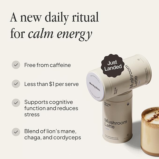 Morning Made Original Mushroom Latte Powder Mix | Organic Lion’s Mane, Chaga & Cordyceps Adaptogenic Blend, Caffeine-Free Coffee Alternative | Sweetened, Vegan, Gluten-Free, Low Sugar | 10.6oz (60 Serves)