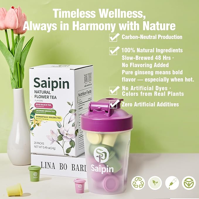 SAIPIN Herbal Tea,3 Assorted Flavors, Jasmine/Rose/Osmanthus Flower,20 Pack,No Additives,Premium Instant Tea with Shaker Bottle,Cold Brew Freeze Dried For Freshness Saipin,3 Seconds Instant,Hot And Cold Soluble,Stress Relieving,Immune Support