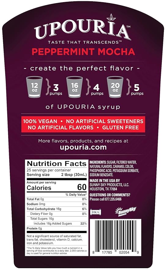 Upouria Peppermint Mocha Coffee Syrup Flavoring, 100% Vegan, Gluten-Free, Kosher, 750 mL Bottle (Pack of 2) with Coffee Syrup Pump