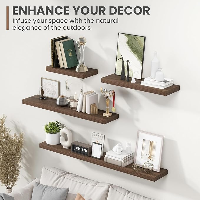 72 Inch Floating Shelves, 8 Inch Deep Floating Shelves for Wall, Hanging Shelf with Invisible Brackets, Deep Shelves for Bathroom, Bedroom, Living Room, Walnut, Set of 1