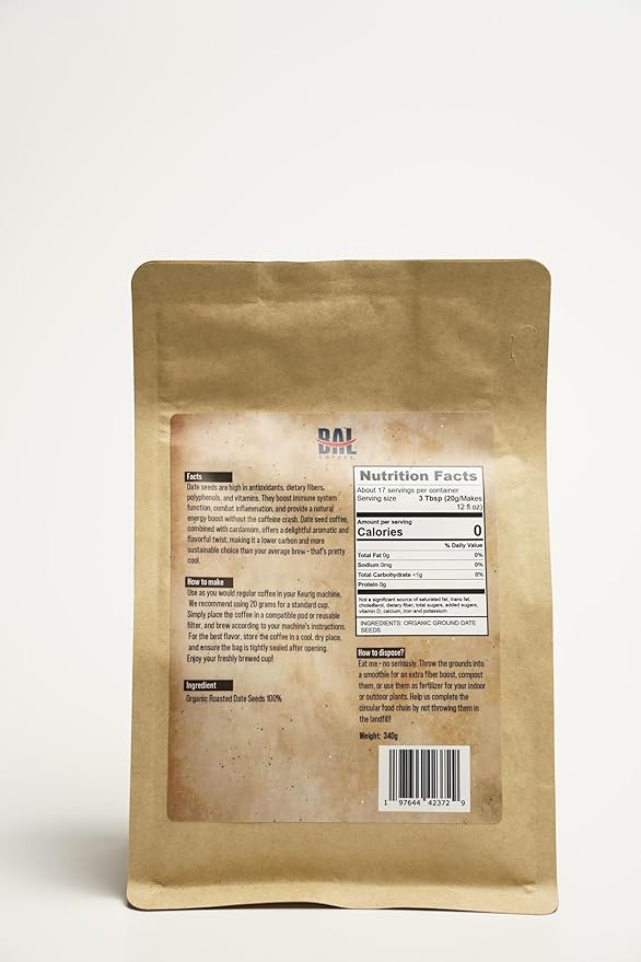 BAL Coffee Alternative Groundate - 12 oz /340 g | Caffeine-Free & Vegan-Friendly | Coffee Substitute Brews & Tastes like Original | Smooth Grind Crafted from Date Seeds | Rich & Smooth flavor