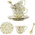 TATSUMI Country Roses Bone China Tea Cup and Saucer Set, 6 Pieces, Vintage Style, For Women and Tea Parties（Yellow,2 Sets）
