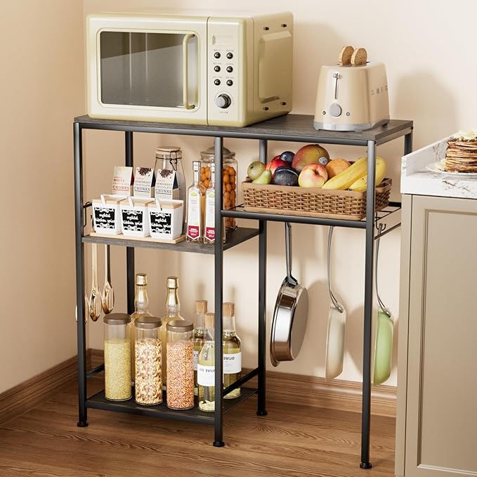 Consumest Microwave Stand, Adjustable Coffee Bar Cabinet, Multifunctional Pan Organizer with 6 Hooks and 3 Shelves, Bakers Rack for Shovel, Pots, Fruits, Vegetables, Grey & Black