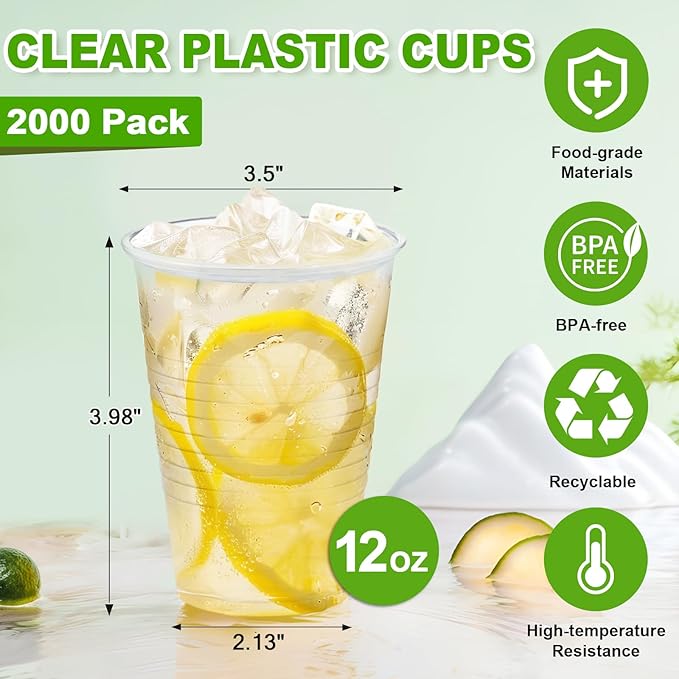 SIUQ 2000 Pack 12 oz Clear Plastic Cups, Disposable Water Cups, Cold Party Drinking Cup for Picnic, BBQ, Wedding, Travel, Halloween, Christmas, Events