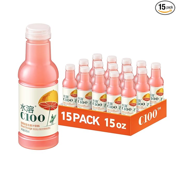 C100 Blood Orange Flavored Composite Juice Drink，100mg Vitamin C Per Bottle, 12% Real Fruit Juice, -15 fl oz, 445mL, 15 Pack