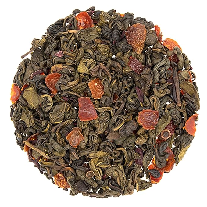 Pomegranate Hibiscus Flavored Green Tea | Loose Leaf 4oz | Hunan Sencha Style Tart Fruity Herbal Blend | Hot or Iced | English Tea Store